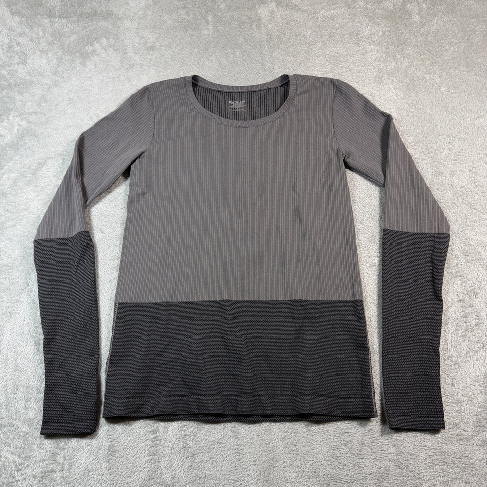 Athleta Two Tone Long Sleeve Shirt Womens Large Gray Black Ribbed Warm - Picture 1 of 9